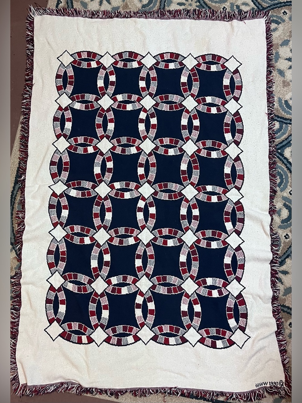 Double Ring Afghan Throw Blanket in Navy, White & Red 1990 Cottage Core